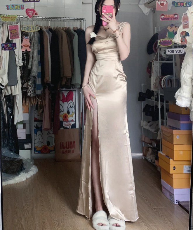 Elegant Champagne High-Slit Satin Long Classy Prom Dress