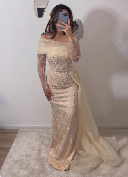 Elegant Champagne Mermaid Long Sleeve Pearl Tulle Train Classy Prom Dress Main image
