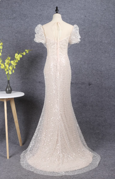 Elegant Champagne Mermaid Puff Sleeve Sequin Train Classy Prom Dress Secondary image
