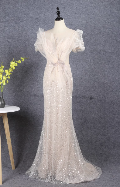 Elegant Champagne Mermaid Puff Sleeve Sequin Train Classy Prom Dress