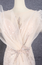 Elegant Champagne Mermaid Puff Sleeve Sequin Train Classy Prom Dress