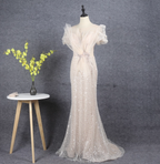 Elegant Champagne Mermaid Puff Sleeve Sequin Train Classy Prom Dress