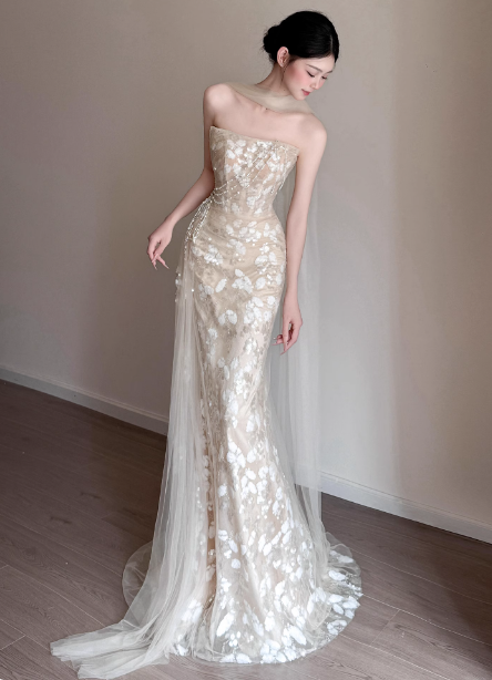 Elegant Champagne Mermaid Strapless Petal Tulle Long Classy Prom Dress Secondary image