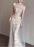 Elegant Champagne Mermaid Strapless Petal Tulle Long Classy Prom Dress