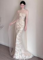 Elegant Champagne Mermaid Strapless Petal Tulle Long Classy Prom Dress