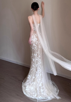 Elegant Champagne Mermaid Strapless Petal Tulle Long Classy Prom Dress