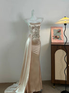 Elegant Champagne Mermaid Trailing Strapless Satin Long Classy Prom Dress