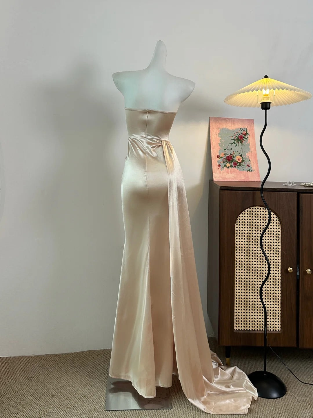 Elegant Champagne Mermaid Trailing Strapless Satin Long Classy Prom Dress