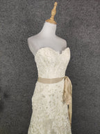 Elegant Champagne Off-White Sweetheart Neck Lace Train Classy Prom Dress