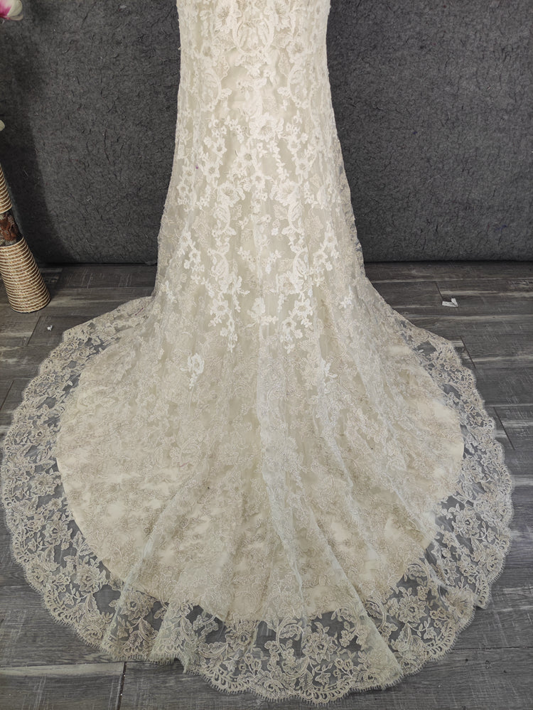 Elegant Champagne Off-White Sweetheart Neck Lace Train Classy Prom Dress