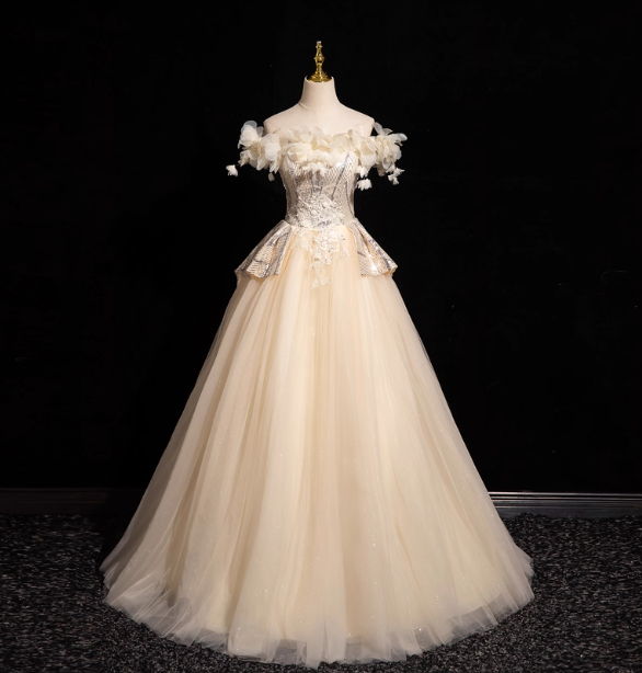 Elegant Champagne One-Shoulder 3D Floral Tulle Long Ball Gown Prom Dress Sweet 16 Dress Secondary image