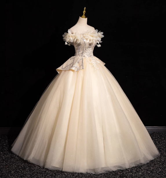 Elegant Champagne One-Shoulder 3D Floral Tulle Long Ball Gown Prom Dress Sweet 16 Dress
