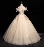 Elegant Champagne One-Shoulder 3D Floral Tulle Long Ball Gown Prom Dress Sweet 16 Dress