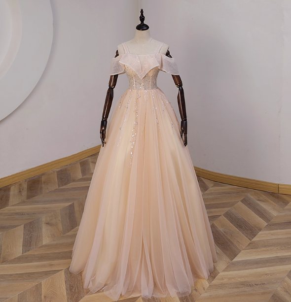 Elegant Champagne One-Shoulder Tulle Long Ball Gown Prom Dress Sweet 16 Dress Secondary image