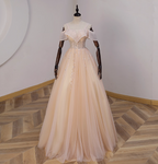 Elegant Champagne One-Shoulder Tulle Long Ball Gown Prom Dress Sweet 16 Dress