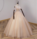 Elegant Champagne One-Shoulder Tulle Long Ball Gown Prom Dress Sweet 16 Dress