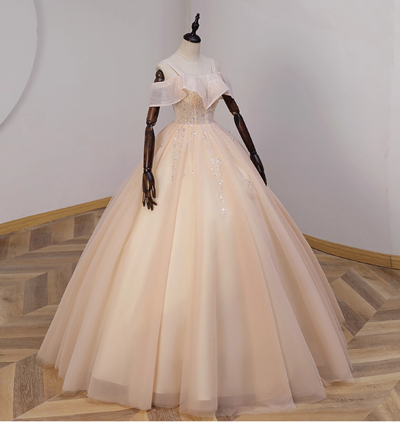 Elegant Champagne One-Shoulder Tulle Long Ball Gown Prom Dress Sweet 16 Dress