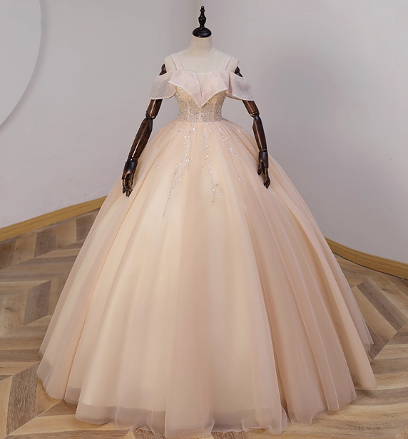 Elegant Champagne One-Shoulder Tulle Long Ball Gown Prom Dress Sweet 16 Dress