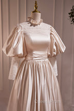 Elegant Champagne Satin A-Line Evening Prom Dress, Champagne Ruffle High Neck Puffy Short Sleeve Backless Evening Dress