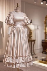 Elegant Champagne Satin A-Line Evening Prom Dress, Champagne Ruffle High Neck Puffy Short Sleeve Backless Evening Dress