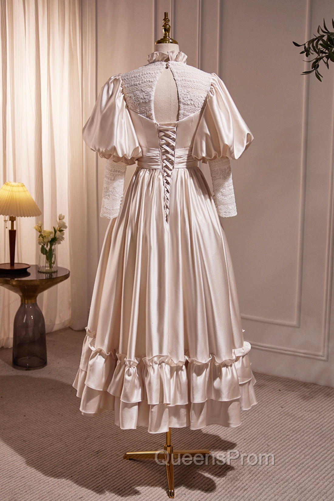 Elegant Champagne Satin A-Line Evening Prom Dress, Champagne Ruffle High Neck Puffy Short Sleeve Backless Evening Dress