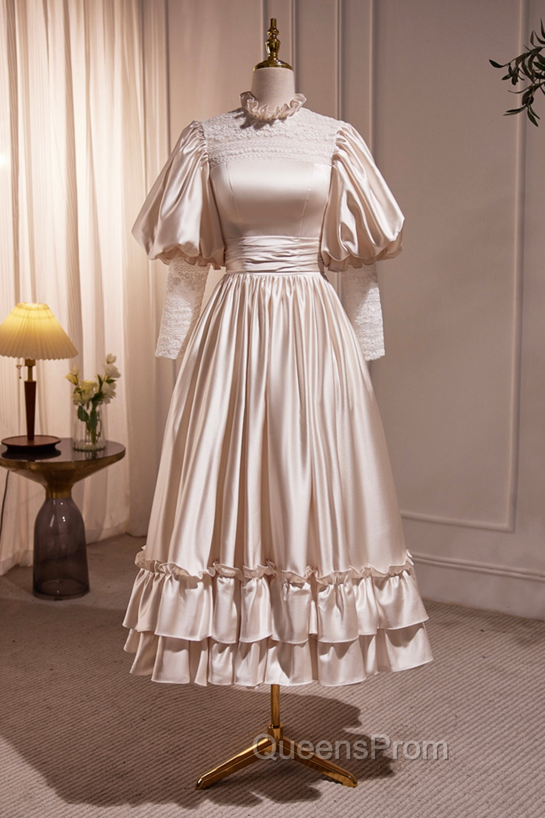 Elegant Champagne Satin A-Line Evening Prom Dress, Champagne Ruffle High Neck Puffy Short Sleeve Backless Evening Dress Main image