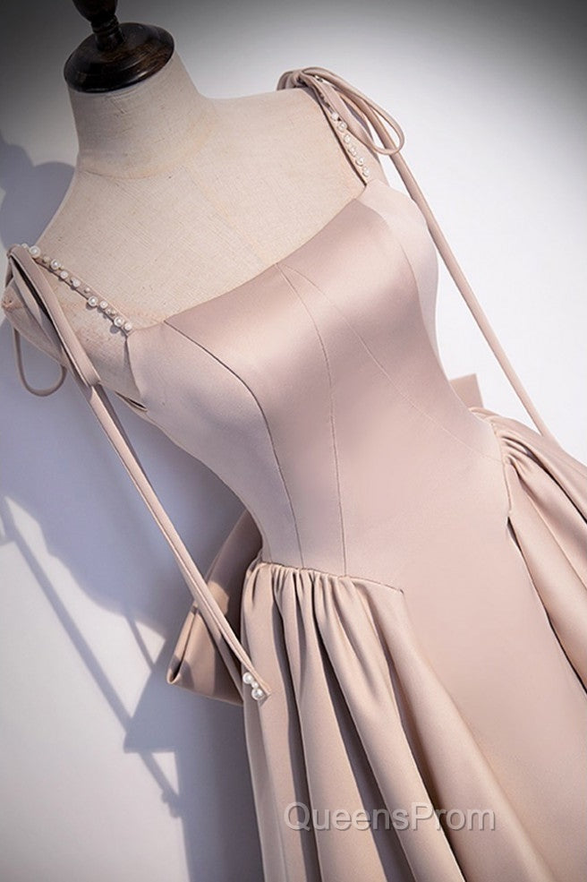 Elegant Champagne Square Neck Fine Shoulder Strap Pleated Satin Ball Dress Champagne A-Line Bow Lace Open Back Strap And Floor Length Evening Dress