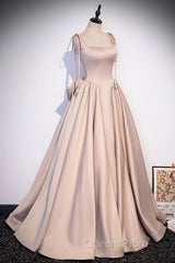Elegant Champagne Square Neck Fine Shoulder Strap Pleated Satin Ball Dress Champagne A-Line Bow Lace Open Back Strap And Floor Length Evening Dress