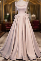 Elegant Champagne Square Neck Fine Shoulder Strap Pleated Satin Ball Dress Champagne A-Line Bow Lace Open Back Strap And Floor Length Evening Dress