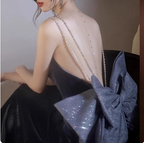 Elegant Charcoal Gray Spaghetti Strap Bow Backless Velvet Long Classy Prom Dress