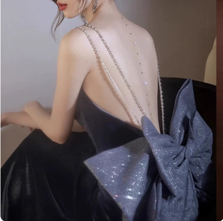 Elegant Charcoal Gray Spaghetti Strap Bow Backless Velvet Long Classy Prom Dress
