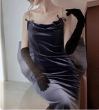 Elegant Charcoal Gray Spaghetti Strap Bow Backless Velvet Long Classy Prom Dress