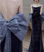 Elegant Charcoal Gray Spaghetti Strap Bow Backless Velvet Long Classy Prom Dress