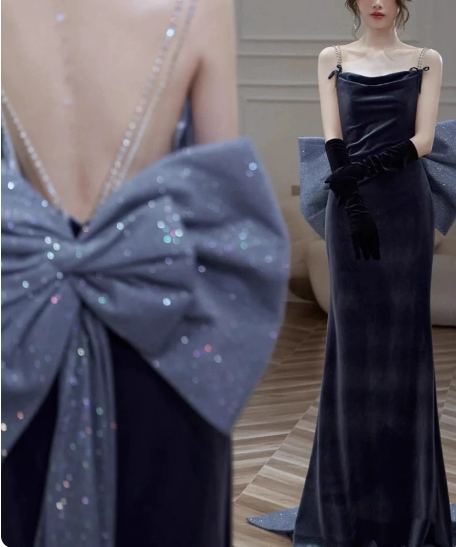 Elegant Charcoal Gray Spaghetti Strap Bow Backless Velvet Long Classy Prom Dress