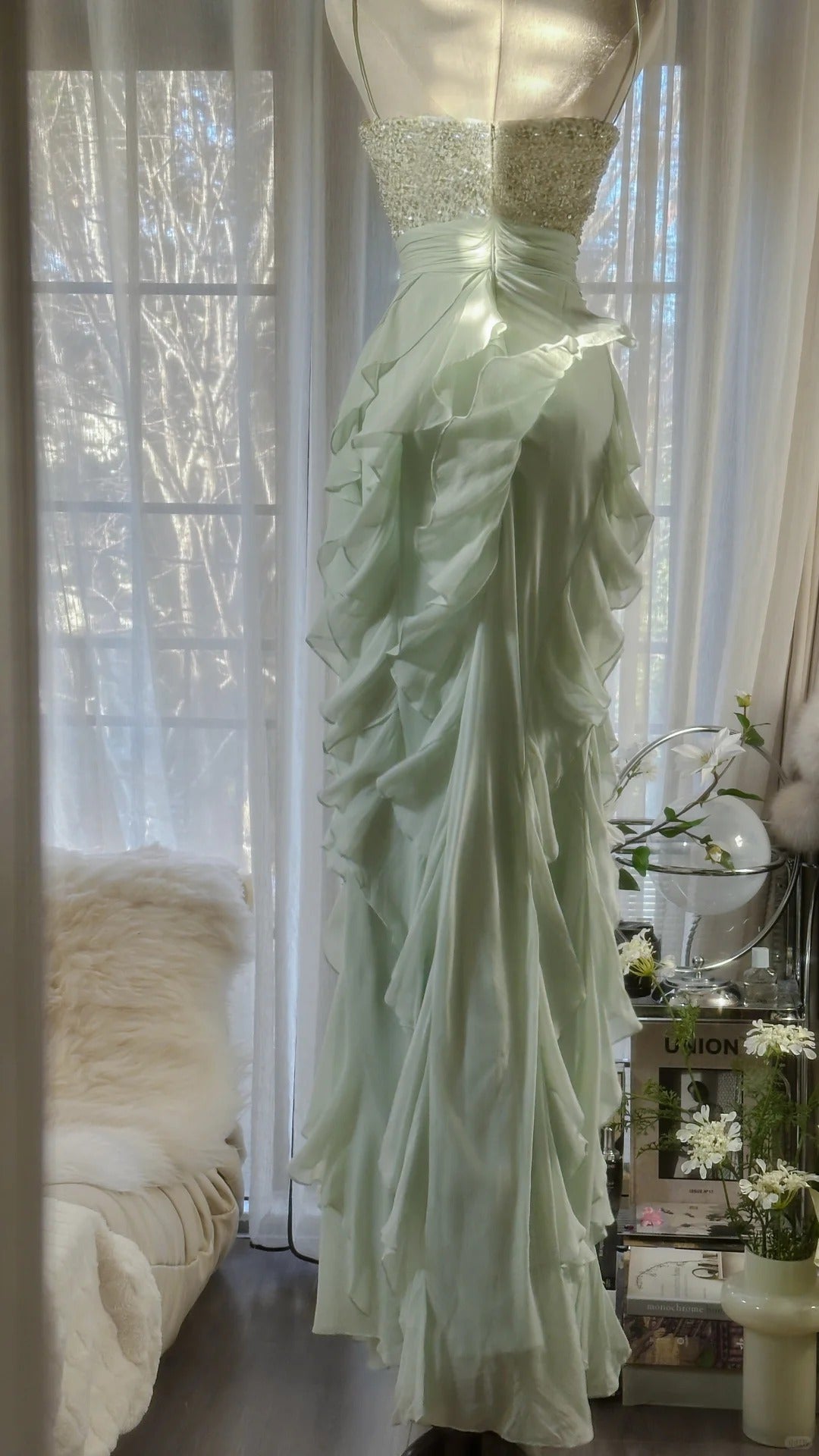 Elegant Clear Green Shoulder Strap Ruffled Beaded Chiffon Prom Dress Secondary image