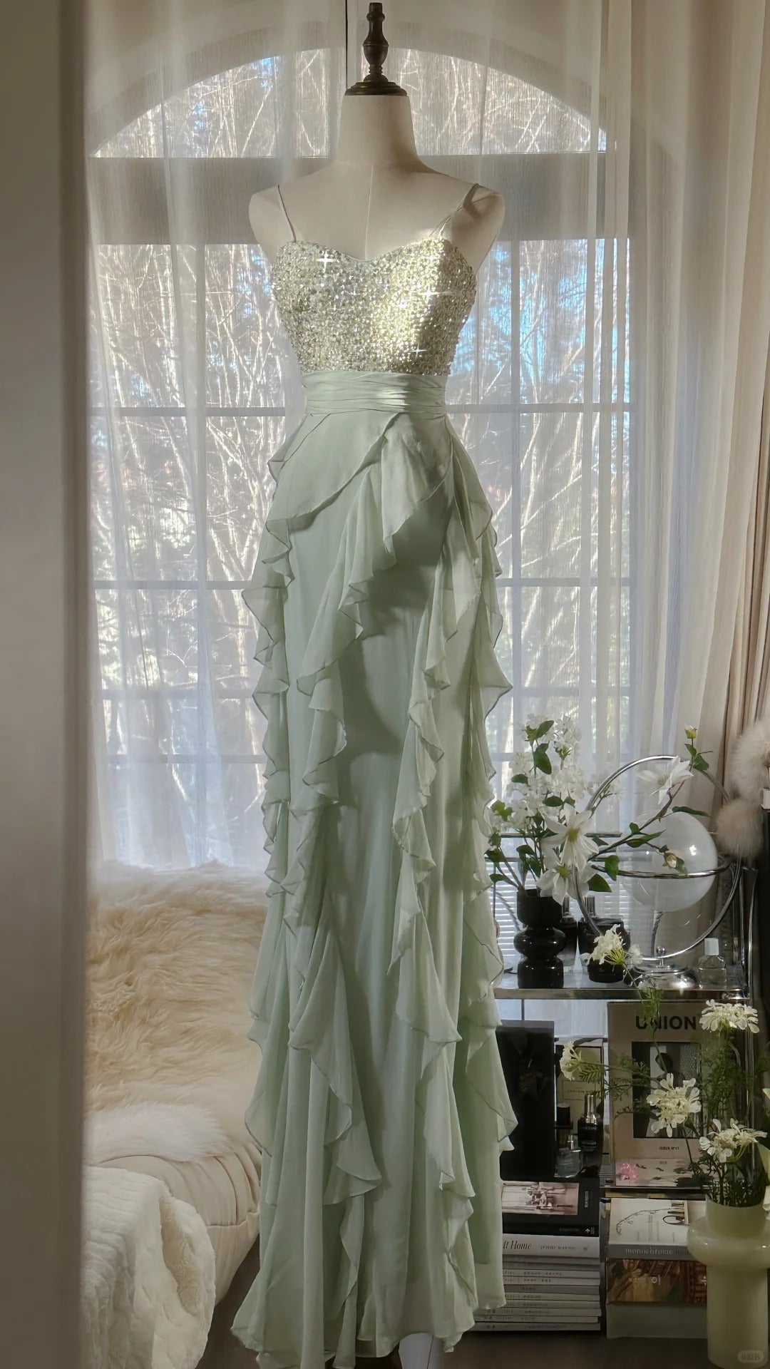 Elegant Clear Green Shoulder Strap Ruffled Beaded Chiffon Prom Dress Main image