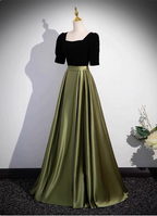 Elegant Color Block Black & Green Square Neck Short Sleeve Velvet Satin Long Classy Prom Dress