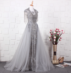Elegant Court Grey Fringed Beaded Embroidered Tulle Train Classy Prom Dress