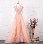 Elegant Court Grey Fringed Beaded Embroidered Tulle Train Classy Prom Dress