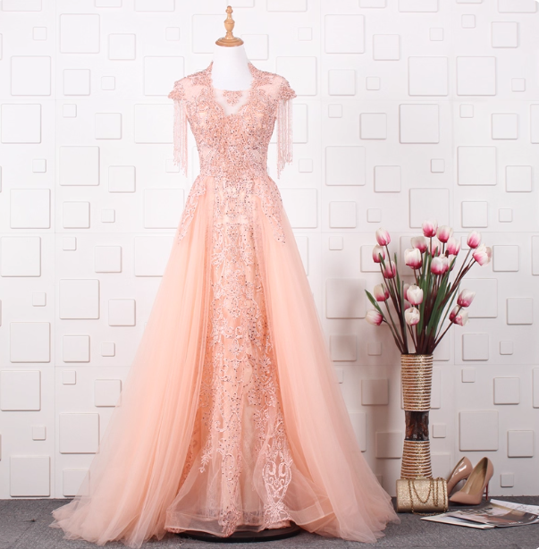 Elegant Court Grey Fringed Beaded Embroidered Tulle Train Classy Prom Dress