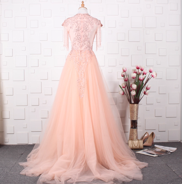 Elegant Court Grey Fringed Beaded Embroidered Tulle Train Classy Prom Dress