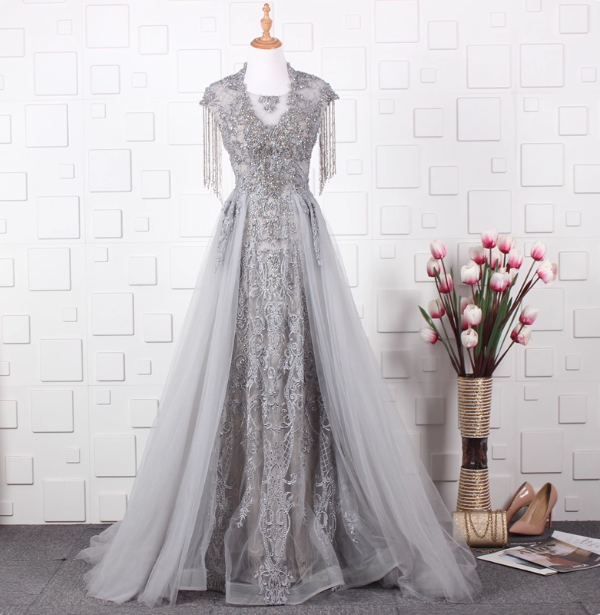 Elegant Court Grey Fringed Beaded Embroidered Tulle Train Classy Prom Dress Main image