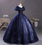 Elegant Court Navy Blue Crew Neck Puff Sleeve Embroidered Tulle Ball Gown Prom Dress Sweet 16 Dress