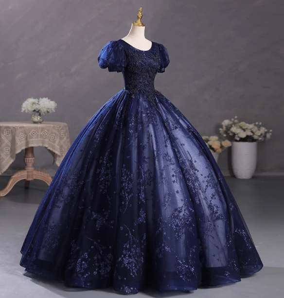 Elegant Court Navy Blue Crew Neck Puff Sleeve Embroidered Tulle Ball Gown Prom Dress Sweet 16 Dress