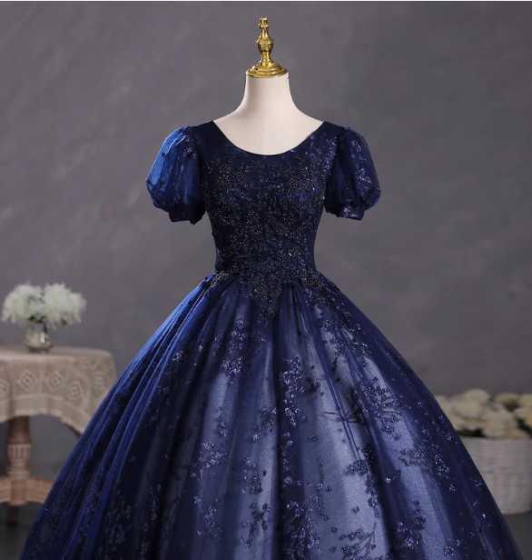 Elegant Court Navy Blue Crew Neck Puff Sleeve Embroidered Tulle Ball Gown Prom Dress Sweet 16 Dress