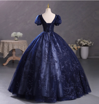 Elegant Court Navy Blue Crew Neck Puff Sleeve Embroidered Tulle Ball Gown Prom Dress Sweet 16 Dress
