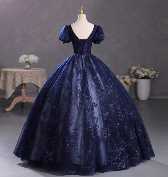 Elegant Court Navy Blue Crew Neck Puff Sleeve Embroidered Tulle Ball Gown Prom Dress Sweet 16 Dress