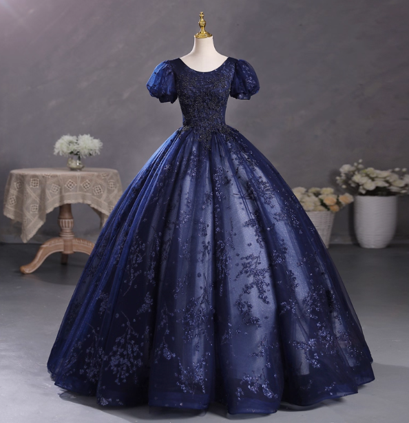 Elegant Court Navy Blue Crew Neck Puff Sleeve Embroidered Tulle Ball Gown Prom Dress Sweet 16 Dress
