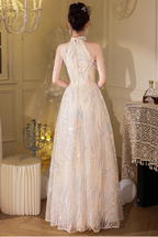 Elegant Cream Apricot A-Line Halter Neck Sequin Embroidered Pearl Fringe Tulle Long Classy Prom Dress