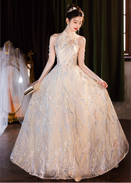 Elegant Cream Apricot A-Line Halter Neck Sequin Embroidered Pearl Fringe Tulle Long Classy Prom Dress